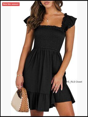 Summer Casual Sleeveless Square Neck Dress Smocked Ruffle Backless